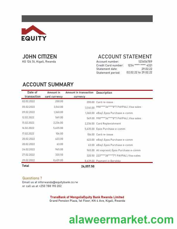 Rwanda Equity bank statement, Excel and PDF template